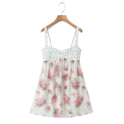 Winter Vacation Color Matching Chest Embroidered Printed Backless Casual Sling Dress