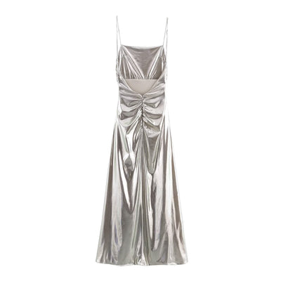 Women Clothing Metal Foil Pleated Slim Strap Dress