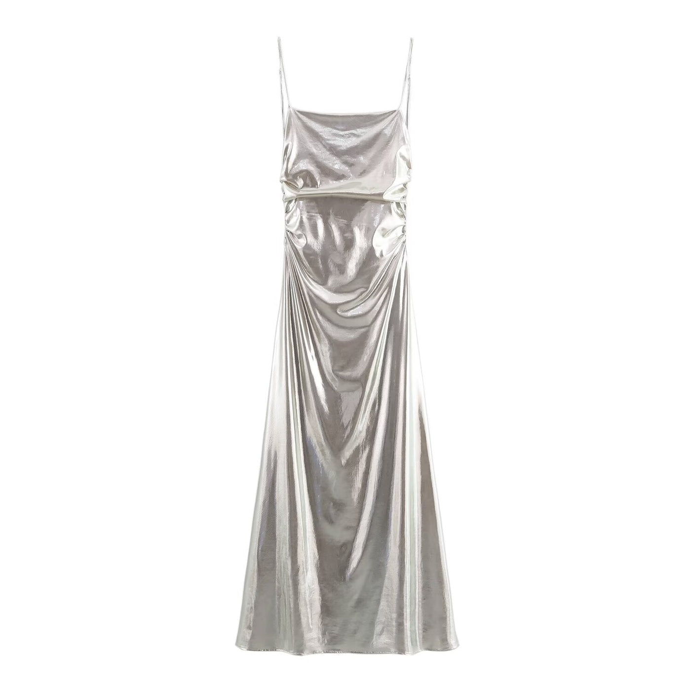 Women Clothing Metal Foil Pleated Slim Strap Dress