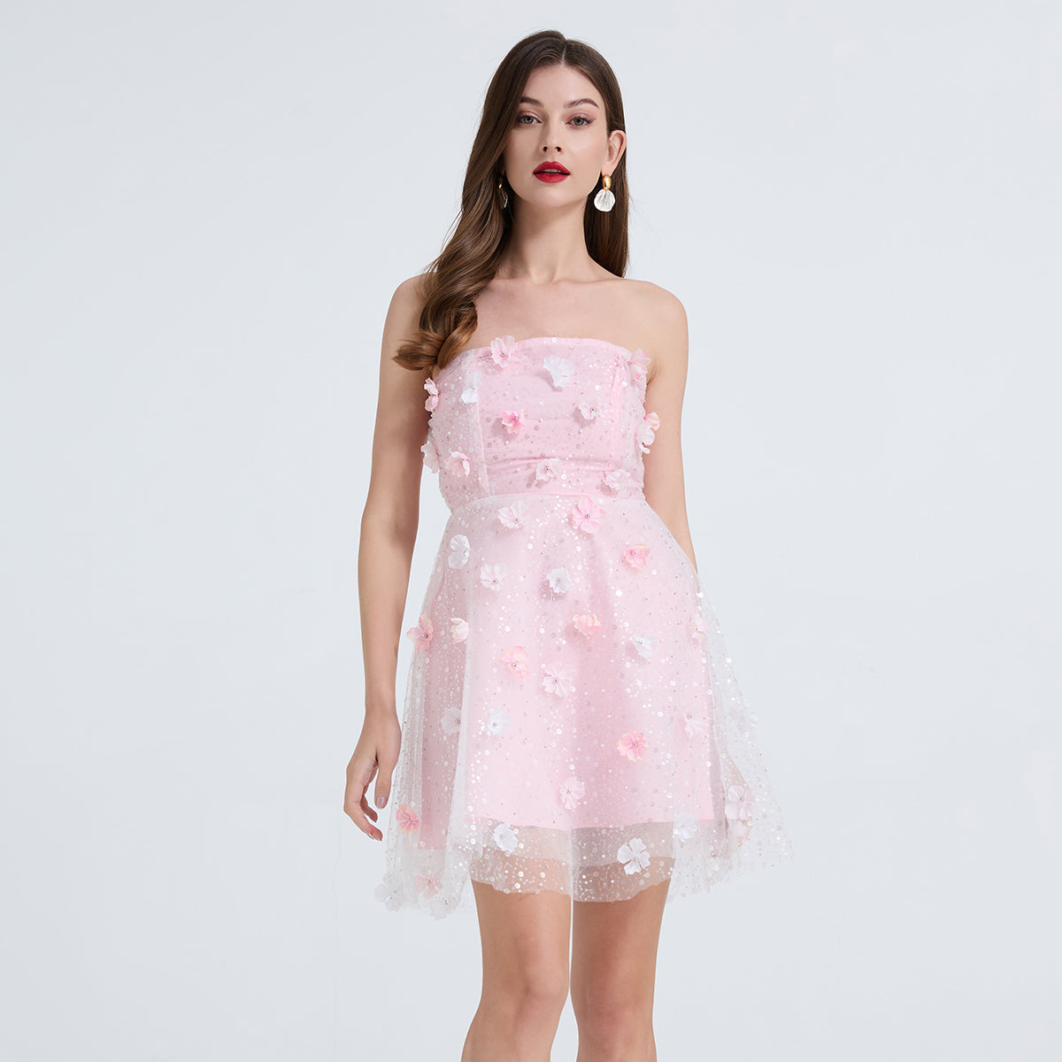 Women Embroidery Bead Studded Three Dimensional Flower High Waist Dress Yarn Shag Dress