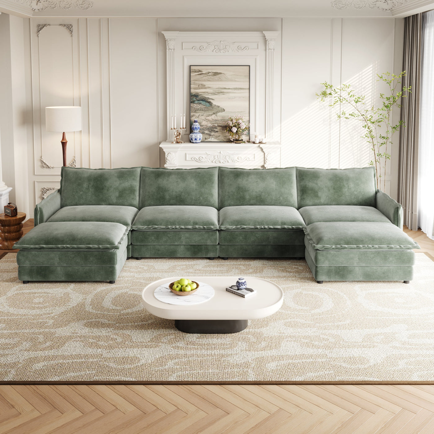 Corduroy Fabric 4-Seater Comfy Cloud Couch with 2 Movable Footrest for Living Room,Oversized Deep Seat U-Shaped Couch Set, Upholstered Large Size Deep Seat Sofa with 4 cushions
