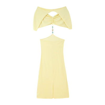 Women Clothing French Simple Sexy Backless Beads Dress