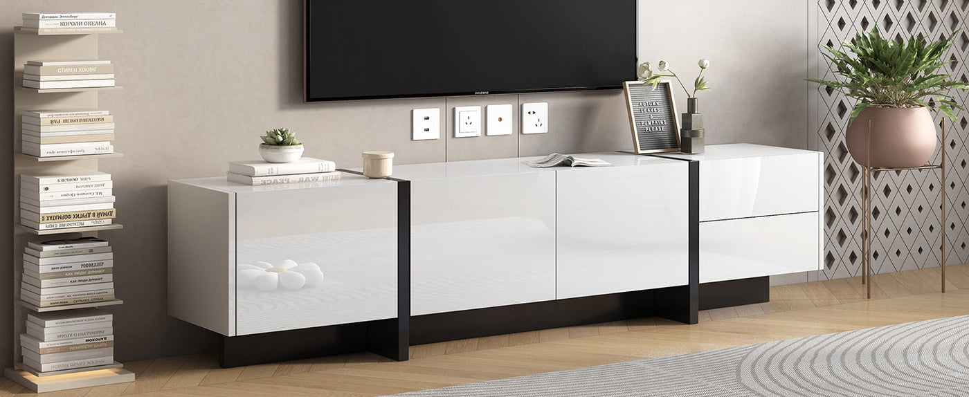 [VIDEO provided] ON-TREND White & Black Contemporary Rectangle Design TV Stand, Unique Style TV Console Table for TVs Up to 80'', Modern TV Cabinet with High Gloss UV Surface for Living Room.
