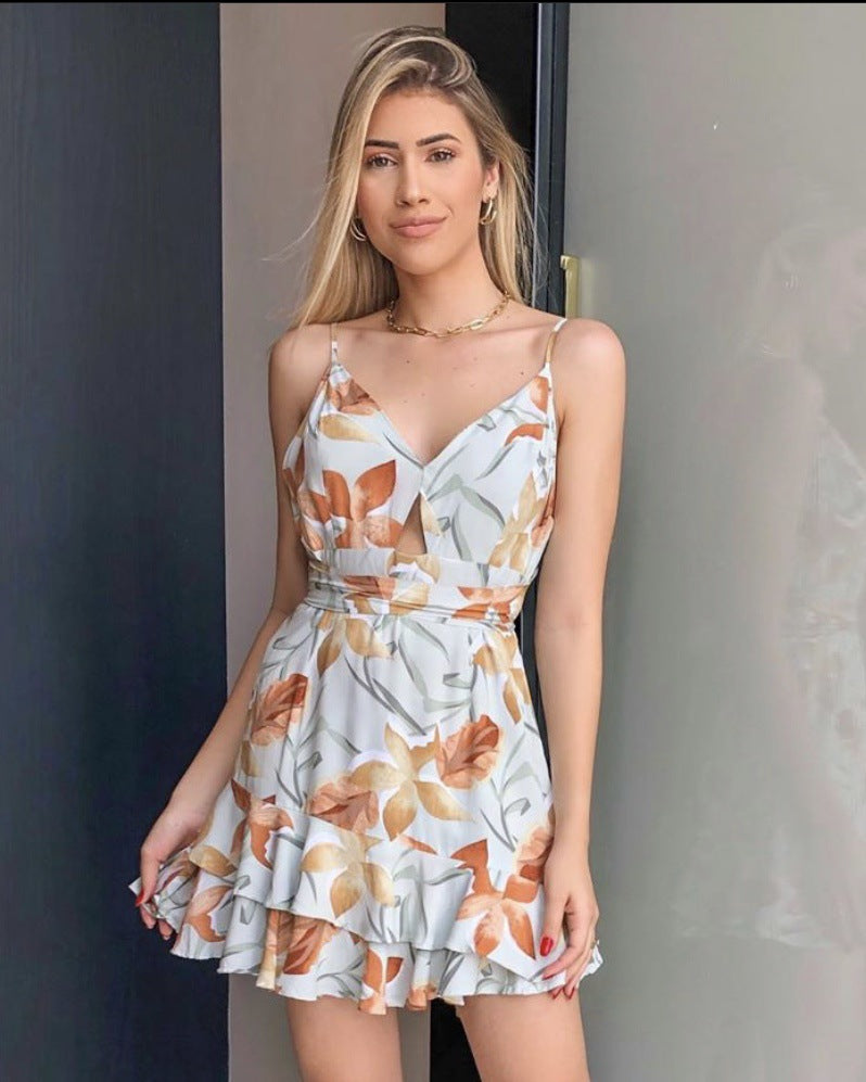 Women Printed Sexy V-neck Exposed Sleeveless Women Dress