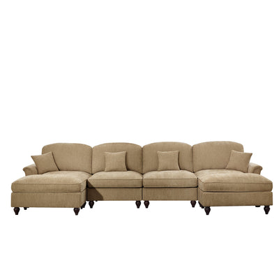 Classic U Shape 4 Seater Modular Sectional Sofa Couch with Flared Arms and Removable Ruffles Pleats Skirts and Spindle Legs, Chenille Deep Seat Cloud Sofa with Movable Ottomans, Light Coffee