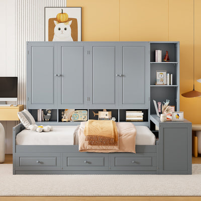 Full Size Wooden Daybed With Three Drawers, and All-in-One Cabinet, Desk and Shelves, Gray