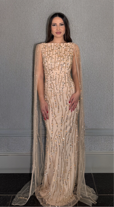 Faramah Drape Sleeves Embellished Fitted Sequin Modest Evening Dress