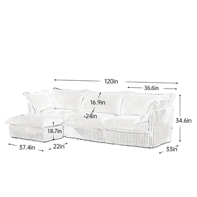L-Shaped Slipcovered Sectional Sofa Couch, Comfy Deep Seat Cloud Couch with Convertible Ottoman & 2 Big Pillows, Modern Oversized 3 Seater Slipcovered Sofa Set for Living Room Office, Camel Corduroy