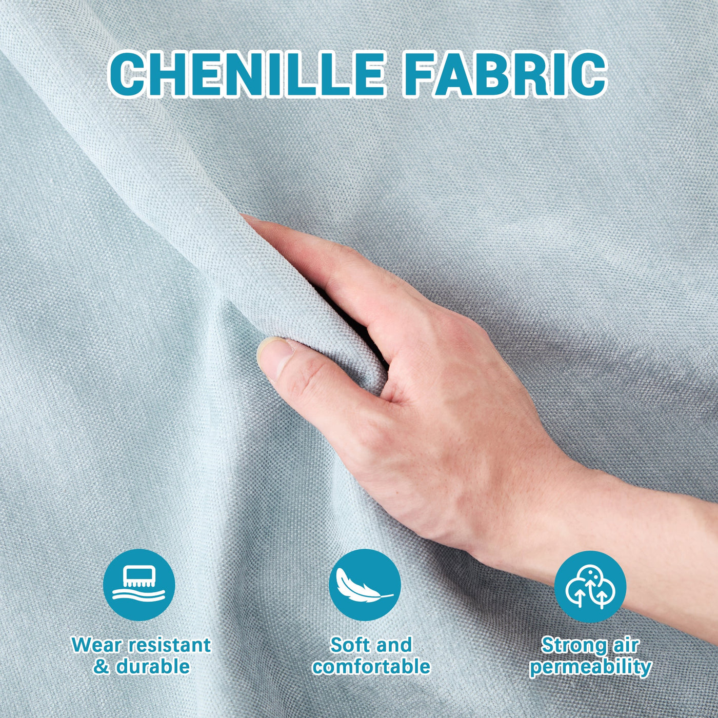 Stylish Four-Seater Sofa with Movable Ottoman in Sky Blue Chenille Fabric with Ergonomic Design