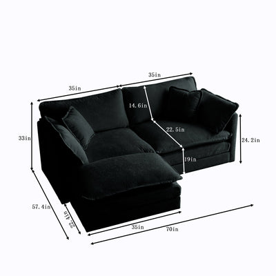 Chenille Two-Seater Sofa with 1 Footrest, 2 Seater L-Shaped Sectional with Ottoman,Loveseat with Ottoman for Small Living Space, Black Chenille