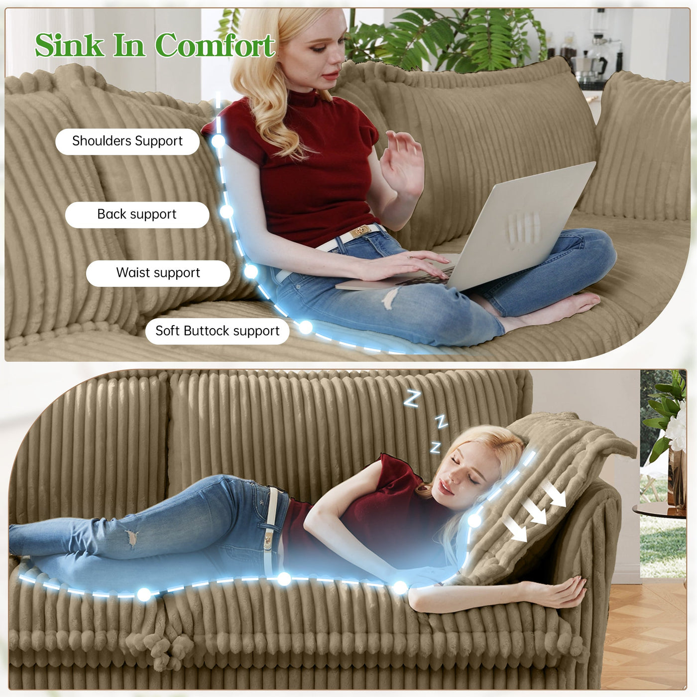 Slipcovered U Shape Sectional Deep Seat Sofa Couch, 3 Seater Sofa with French Edges Design Multiple Big Pillows, Modular Deep Seat Sectional Sofa Comfy Cloud Couch for Living Room, Apartment, Camel