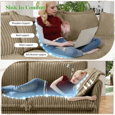 L-Shaped Slipcovered Sectional Sofa Couch, Comfy Deep Seat Cloud Couch with Convertible Ottoman & 2 Big Pillows, Modern Oversized 3 Seater Slipcovered Sofa Set for Living Room Office, Camel Corduroy