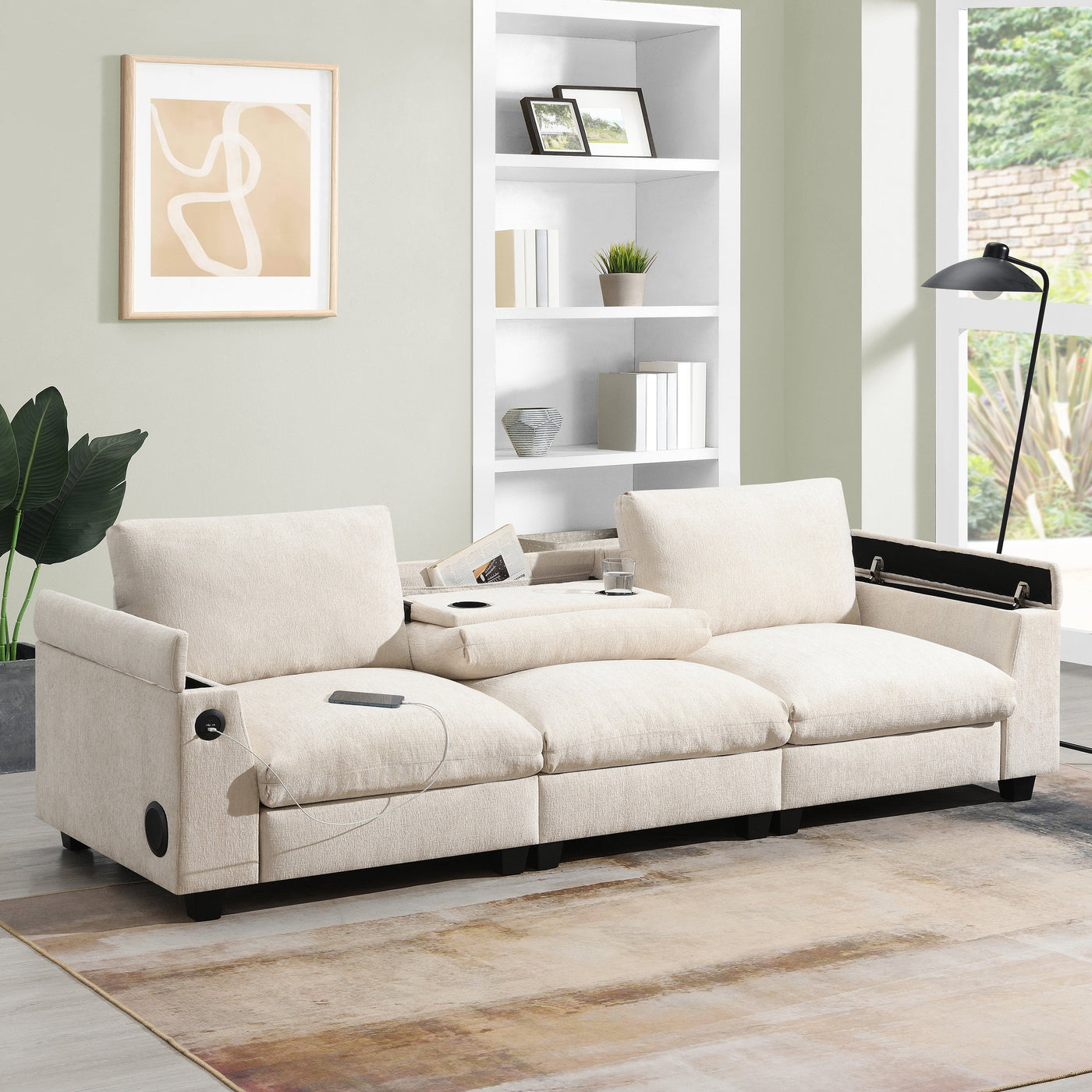 Chenille Sectional Sofa with Bluetooth Speaker, Comfy Cloud Couch Set with Drop Down Table, Cup Holders, USB Charger, Storage Armrest, Wide Seat, 96*35''