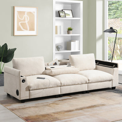 Chenille Sectional Sofa with Bluetooth Speaker, Comfy Cloud Couch Set with Drop Down Table, Cup Holders, USB Charger, Storage Armrest, Wide Seat, 96*35''
