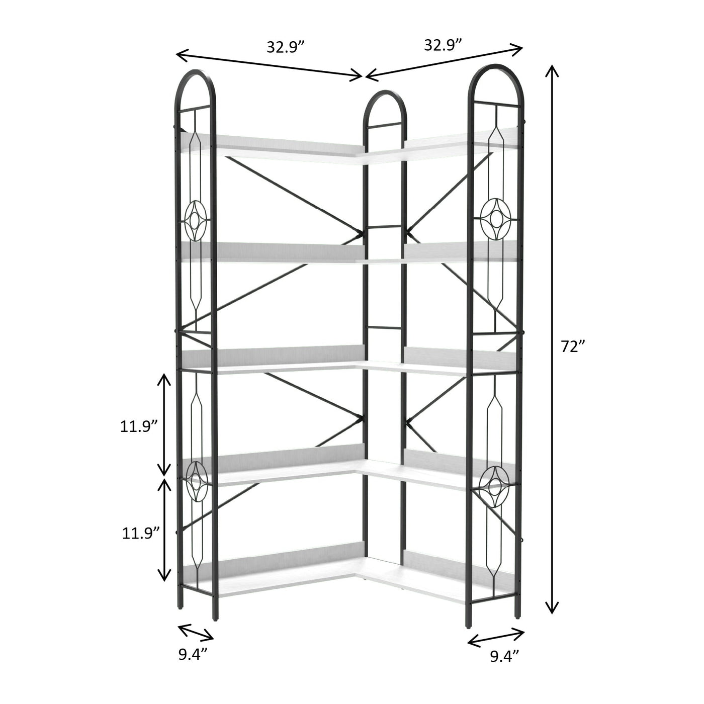 Industrial Style 5 Tier Corner Bookshelf, Ivory White MDF with Thickened Iron Frame, 72.05 Inch