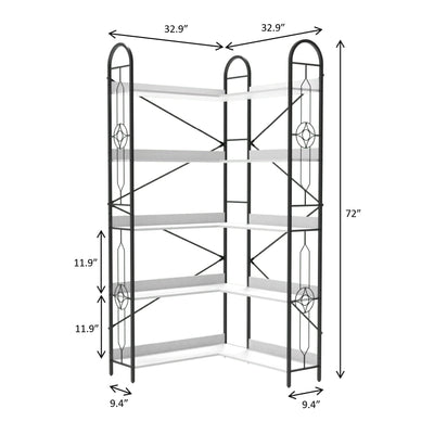 Industrial Style 5 Tier Corner Bookshelf, Ivory White MDF with Thickened Iron Frame, 72.05 Inch