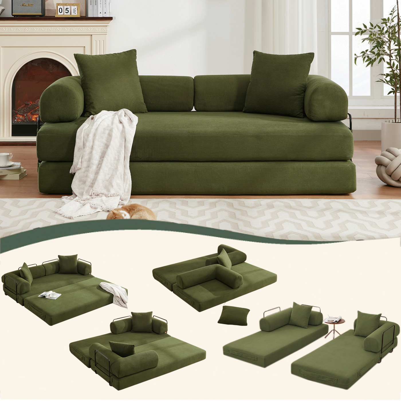 [NEW ARRIVED] [VIDEO PROVIDED] 78.5' Folding Convertible Out Sleeper Sofa Bed,4-in-1 DIY Combination Convertible  Sofa, 3 seat, Folding Sleeper Sofa, King Size , Bedroom,Apartment,Corduroy,Green