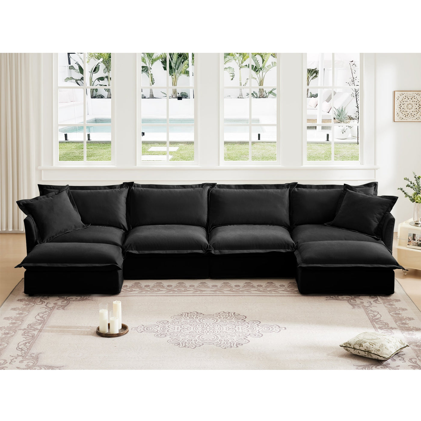 Slipcovered U Shape Sectional Wide and Deep Seat Sofa Couch, 4 Seater Sofa with French Edges Design Multiple Big Pillows, Soft Deep Seat Comfy Cloud Couch for Living Room, Apartment, Chenille Fabric