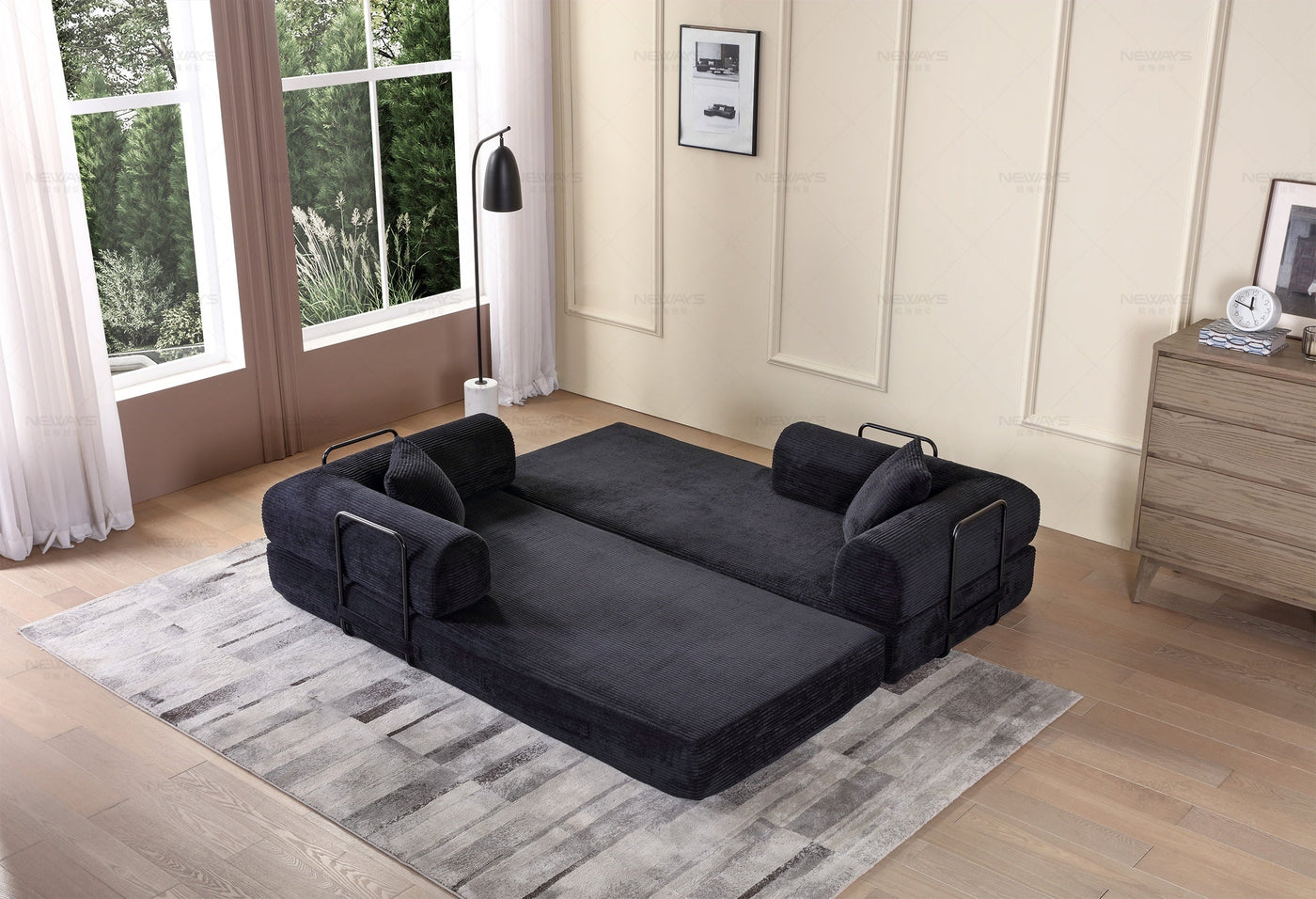 Convertible Sleeper Sofa Bed with Cylindrical Pillow - Corduroy Folding Mattress Couch with Fixed-Shape Frame for Living Room, Bedroom, Lounge, Studio - Black