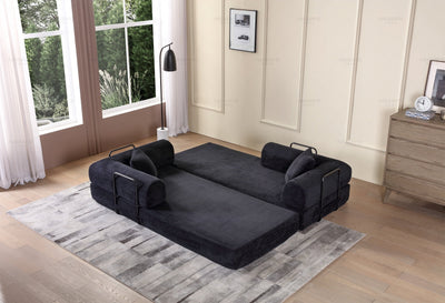 Convertible Sleeper Sofa Bed with Cylindrical Pillow - Corduroy Folding Mattress Couch with Fixed-Shape Frame for Living Room, Bedroom, Lounge, Studio - Black