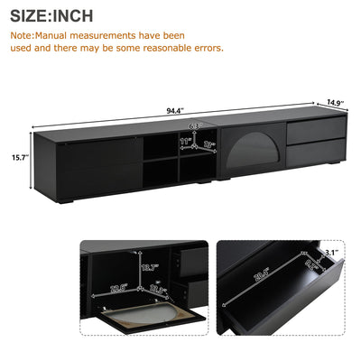 ON-TREND Modern TV Stand with Fluted Glass Door for TVs Up to 100', Media Console with Sliding Door & 2 Drawers, Free-Combination Entertainment Center with LED Light for Living Room, Bedroom, Black
