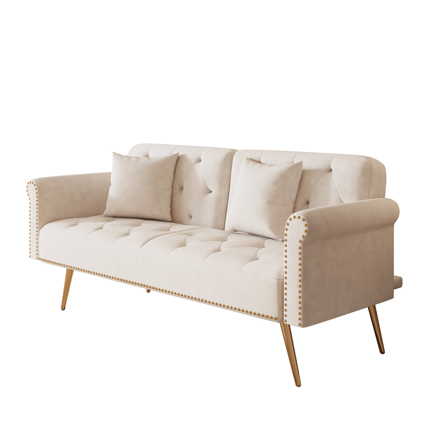 Luxurious Velvet Sofa Bed with Nail Head Trim and Matching Pillow in Beige, 69.7-Inch