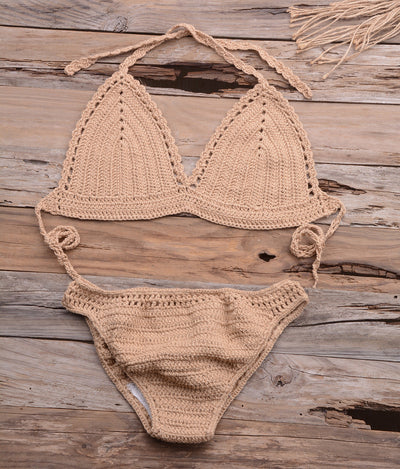 Beach Matching Split Bikini Hollow Out Cutout Hand Crocheting Woven Solid Color Swimsuit Set