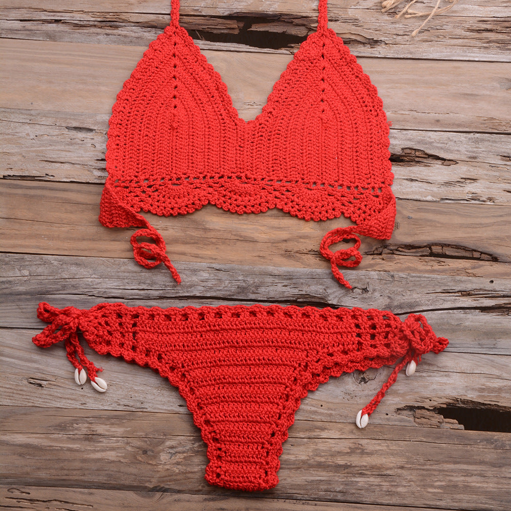 Beach Hollow-out Handmade Woven Split Strap Tank-Top Matching Shell Bikini Briefs