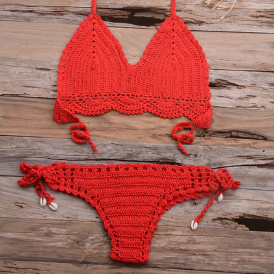 Beach Hollow-out Handmade Woven Split Strap Tank-Top Matching Shell Bikini Briefs