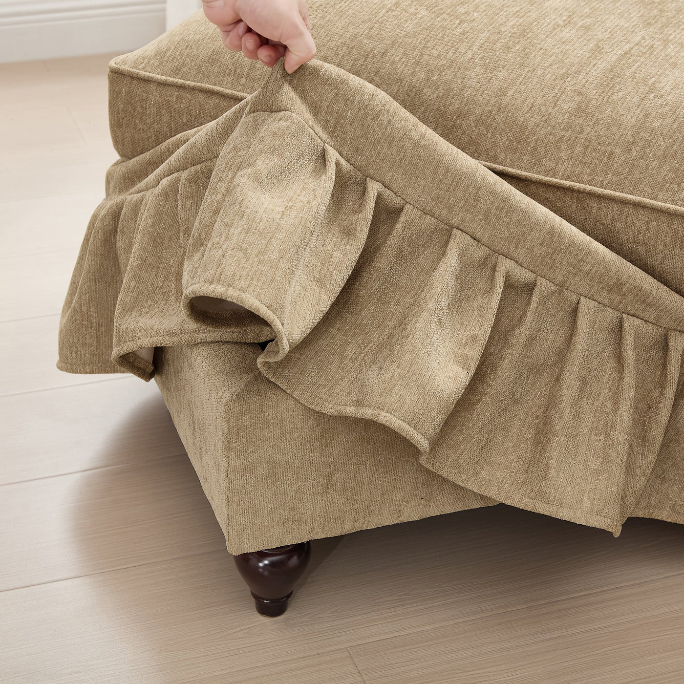 Classic U Shape 4 Seater Modular Sectional Sofa Couch with Flared Arms and Removable Ruffles Pleats Skirts and Spindle Legs, Chenille Deep Seat Cloud Sofa with Movable Ottomans, Light Coffee