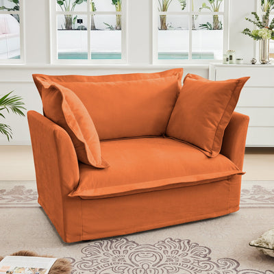 Slip-covered Armchair with 1 Big Back Cushion and 2 Big Toss Pillows, Single Deep Seat Comfy Single Couch Sofa Multiple Large Soft Pillows, Chenille Fabric, Orange