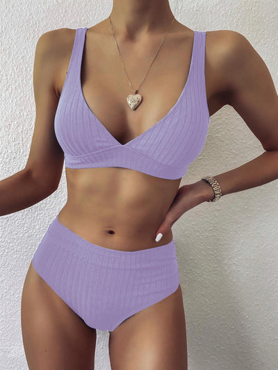 V-neck Sunken Stripe Cloth Bikini High Waist Split Swimsuit