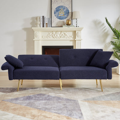 Modern Teddy Upholstered Accent Loveseat Sofa With Side Pocket,Folding Sleeper Sofa Bed With Foldable Armrest , Adjustable Backrest and Golden Metal Legs for Living Room,Dark Blue