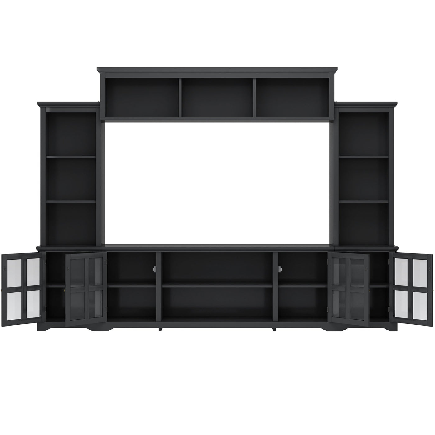 [VIDEO provided] ON-TREND Minimalism Entertainment Wall Unit with Bridge, Modern TV Console Table for TVs Up to 70', Multifunctional TV Stand with Tempered Glass Door, Black (Old SKU: SD000009AAB)