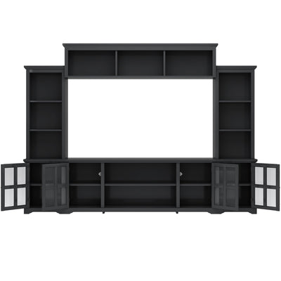 [VIDEO provided] ON-TREND Minimalism Entertainment Wall Unit with Bridge, Modern TV Console Table for TVs Up to 70', Multifunctional TV Stand with Tempered Glass Door, Black (Old SKU: SD000009AAB)