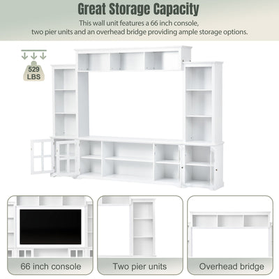 [VIDEO provided] ON-TREND Minimalism Entertainment Wall Unit with Bridge, Modern TV Console Table for TVs Up to 70', Multifunctional TV Stand with Tempered Glass Door, White (Old SKU: SD000009AAK)