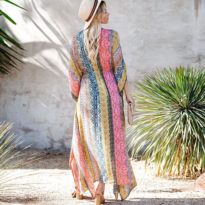 Rayon Printed Beach Jacket Vacation Loose Mid Length Sun Protection Cardigan Bikini Swimsuit Outwear Blouse