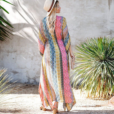 Rayon Printed Beach Jacket Vacation Loose Mid Length Sun Protection Cardigan Bikini Swimsuit Outwear Blouse