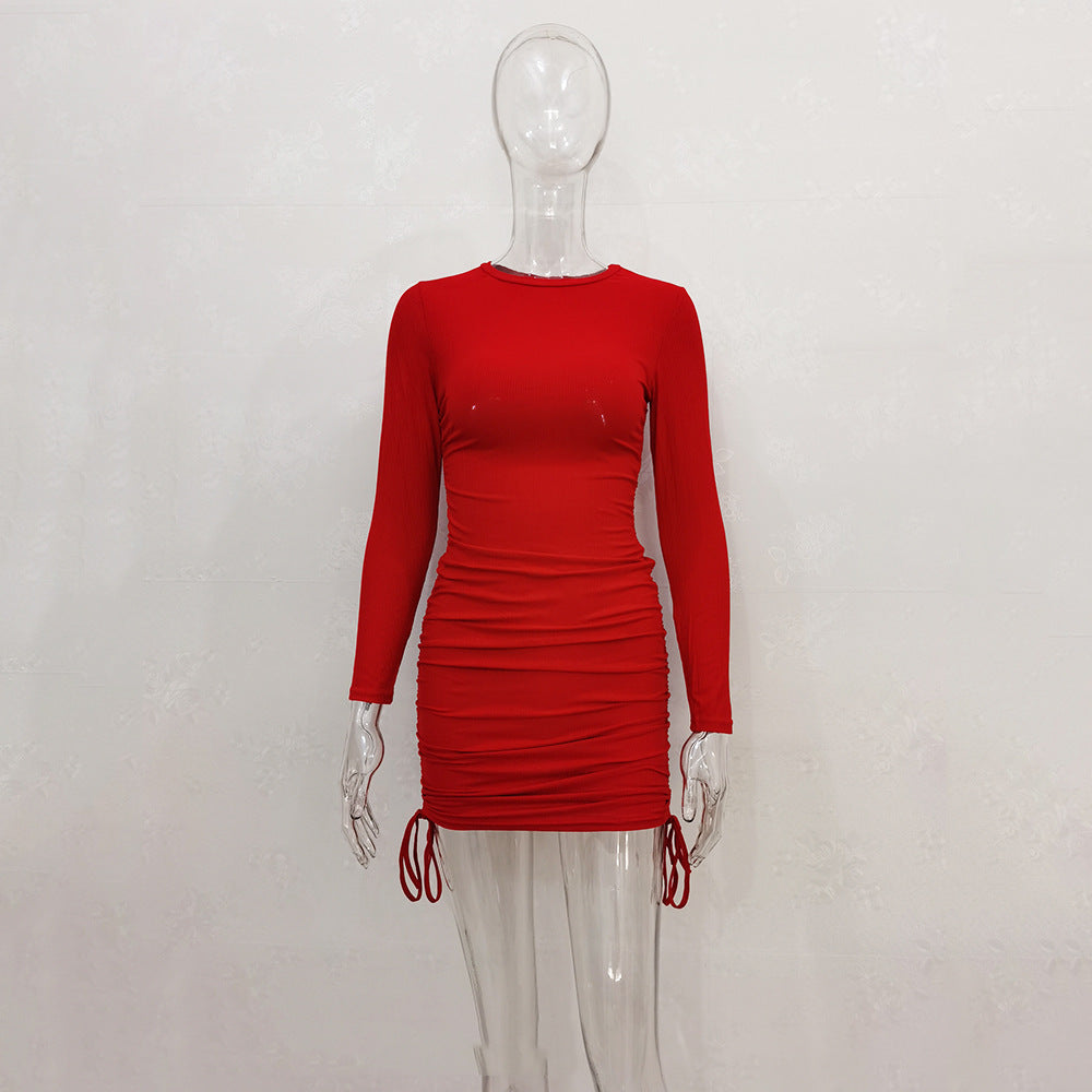 Women Sexy Sunken Stripe Long Sleeve Drawstring Adjustable Dress Women Clothing