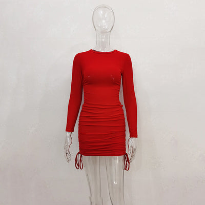 Women Sexy Sunken Stripe Long Sleeve Drawstring Adjustable Dress Women Clothing