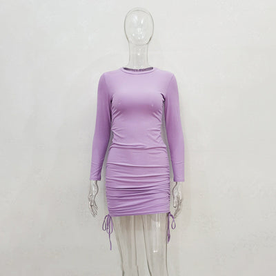Women Sexy Sunken Stripe Long Sleeve Drawstring Adjustable Dress Women Clothing