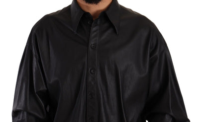 Dolce & Gabbana Black Leather Button Down Men Collared Jacket