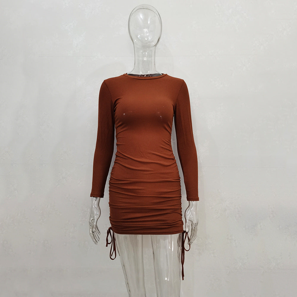 Women Sexy Sunken Stripe Long Sleeve Drawstring Adjustable Dress Women Clothing