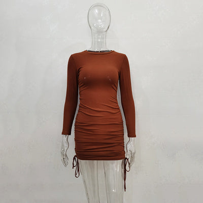 Women Sexy Sunken Stripe Long Sleeve Drawstring Adjustable Dress Women Clothing