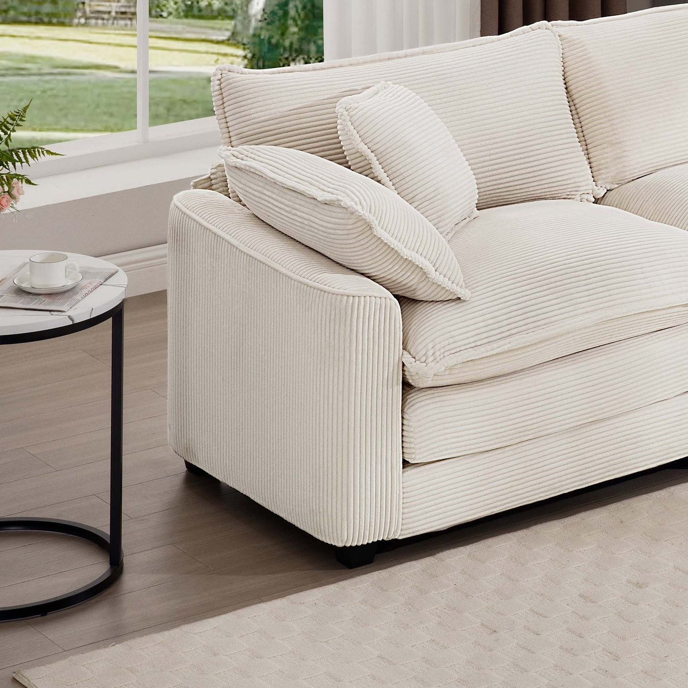 Light Beige Corduroy L-Shaped Two-Seater Sofa with Ottoman for Small Living Spaces