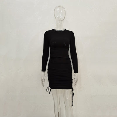 Women Sexy Sunken Stripe Long Sleeve Drawstring Adjustable Dress Women Clothing