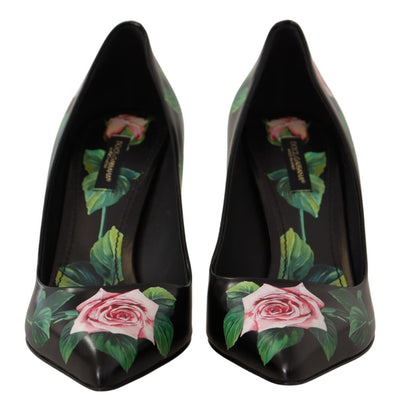 Dolce & Gabbana Black Leather Roses High Heels Pumps Shoes