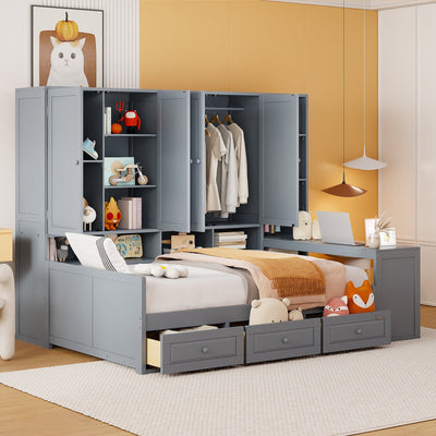 Full Size Wooden Daybed With Three Drawers, and All-in-One Cabinet, Desk and Shelves, Gray