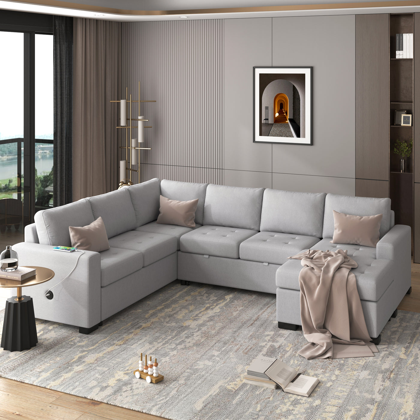 U_Style Sectional Sleeper Sofa with Pull-out Bed and Lounge Chair, USB and Type-C Interfaces, Suitable for Living Room, Office, and Spacious Spaces