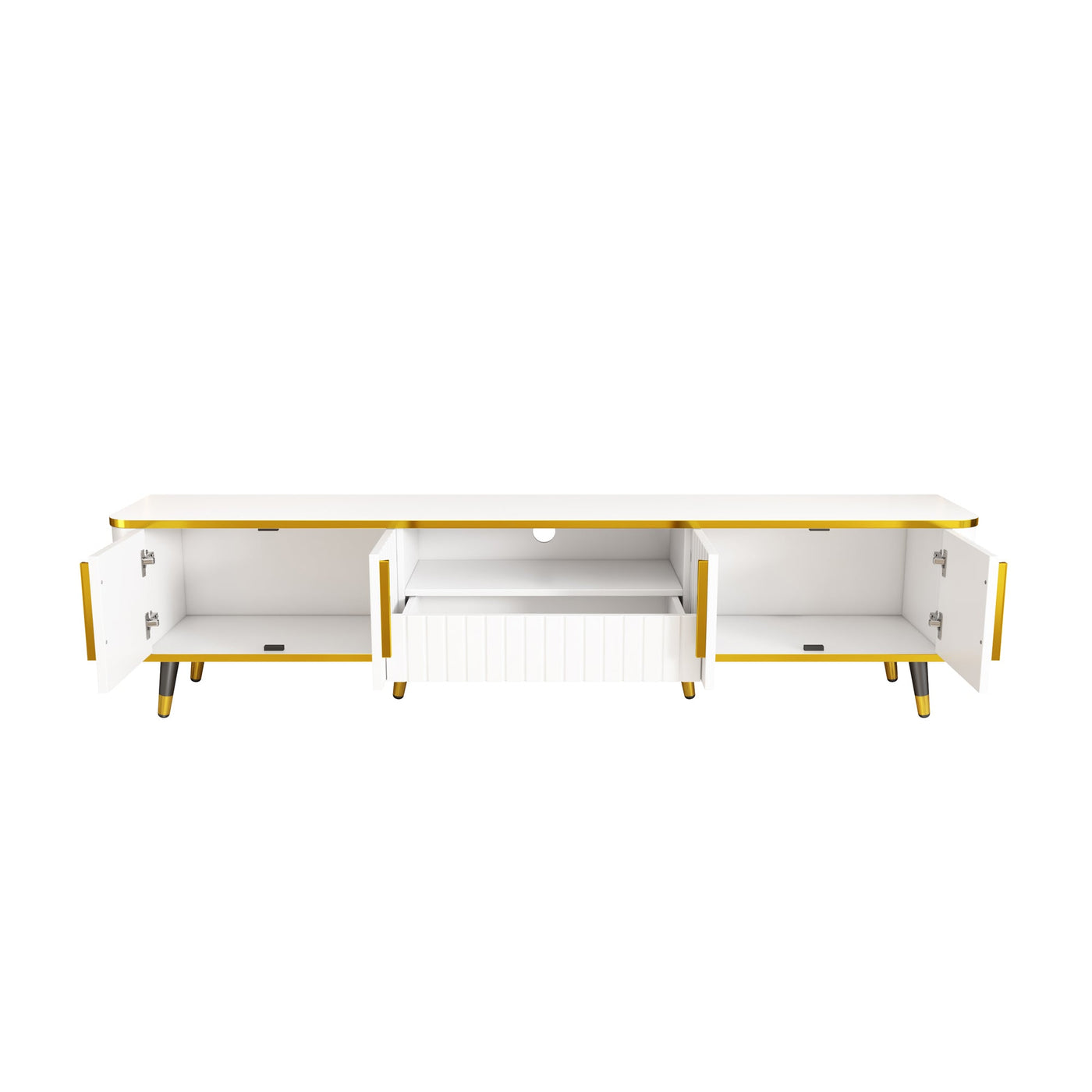 ON-TREND Luxury Minimalism TV Stand with Open Storage Shelf for TVs Up to 85', Entertainment Center with Cabinets and Drawers, Practical Media Console with Unique Legs for Living Room, White